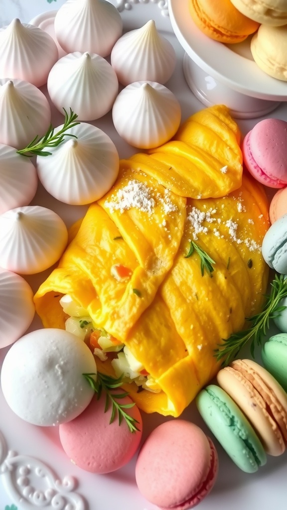 A platter of meringues, cheese omelet, and macarons, showcasing the versatility of egg whites.